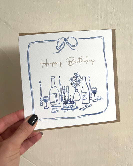 Happy Birthday Blue Watercolour Illustration Card